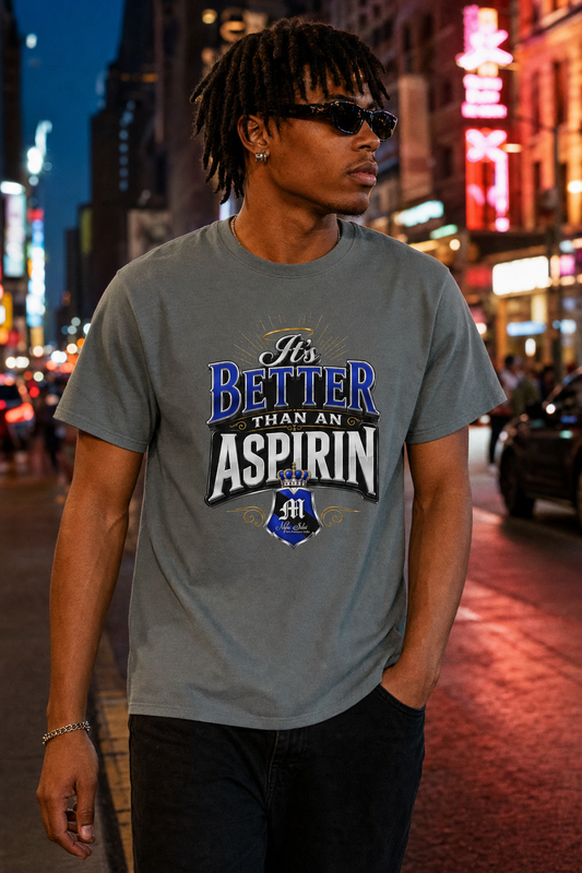 BetterThanAspirin tee lifestyle — model on city street at dusk with neon