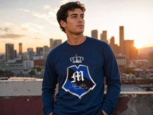 Myles Select crest long sleeve lifestyle — model on rooftop at golden hour