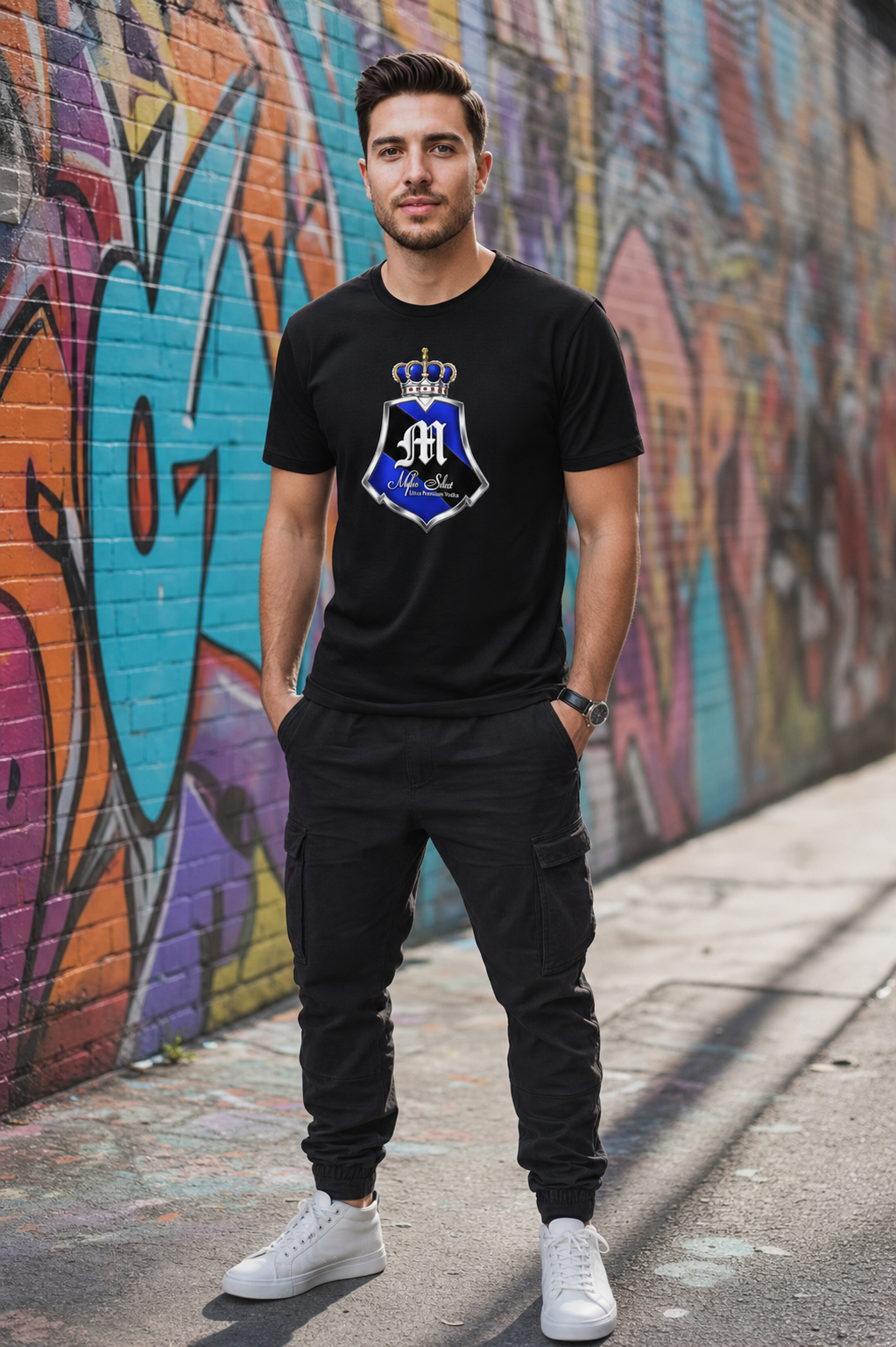 MSV Crest tee lifestyle — model wearing black crest tee in front of urban mural