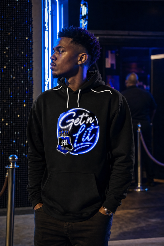 MSV Get N' Lit hoodie lifestyle — model at neon-lit nightclub entrance