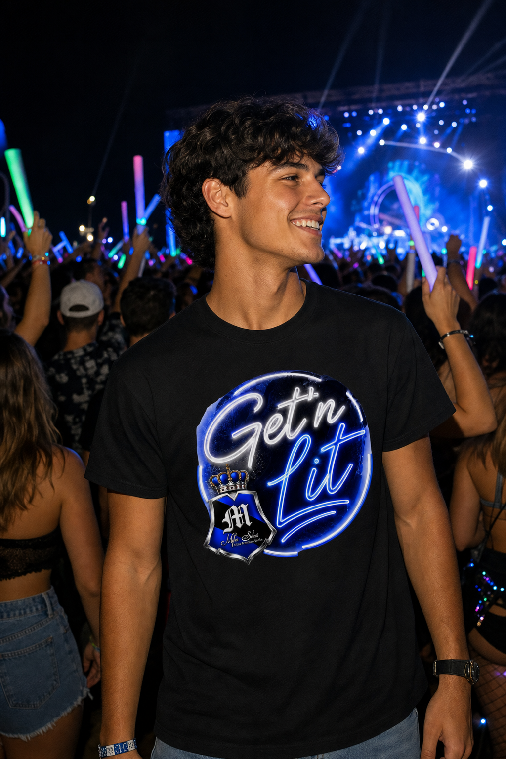 MSV Get N' Lit tee lifestyle — model in concert crowd at night