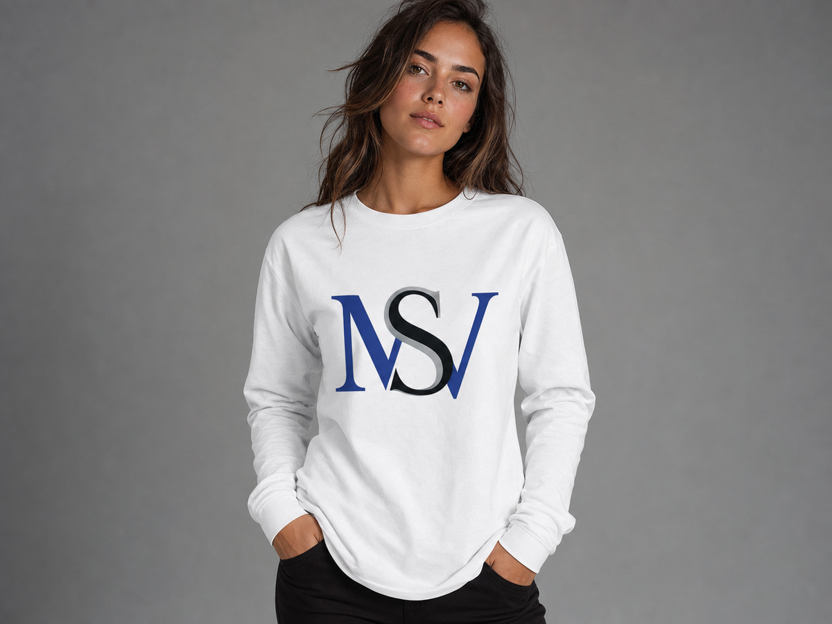 MSV long sleeve lifestyle — model in white long-sleeve in studio