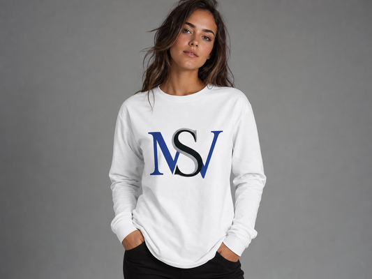 MSV long sleeve lifestyle — model in white long-sleeve in studio
