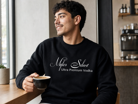 MS Text crewneck lifestyle — model in black sweatshirt in coffee shop