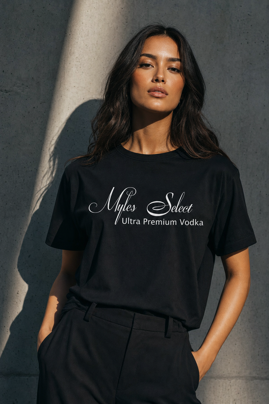 MSVText tee lifestyle — model in clean editorial studio
