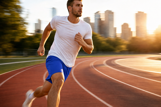 MSV Performance shorts lifestyle — runner on city track at golden hour