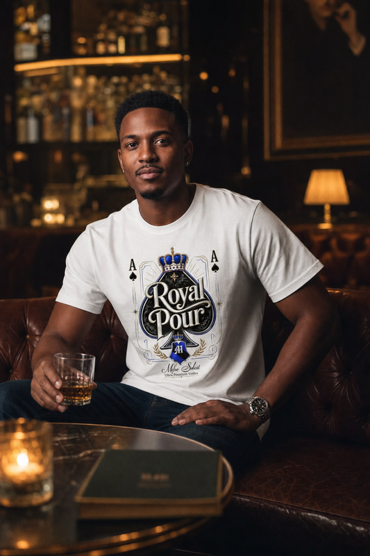 RoyalPour tee lifestyle — model in upscale speakeasy lounge