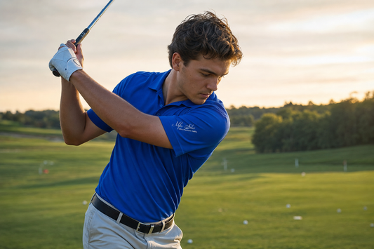MSV Script performance polo lifestyle — golfer at driving range golden hour