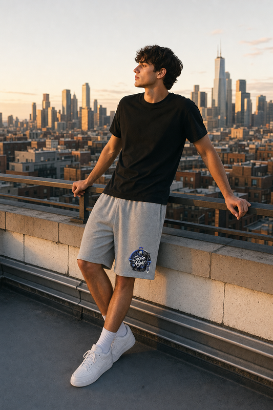 MSV Spin The Night jersey shorts lifestyle — model on rooftop at golden hour
