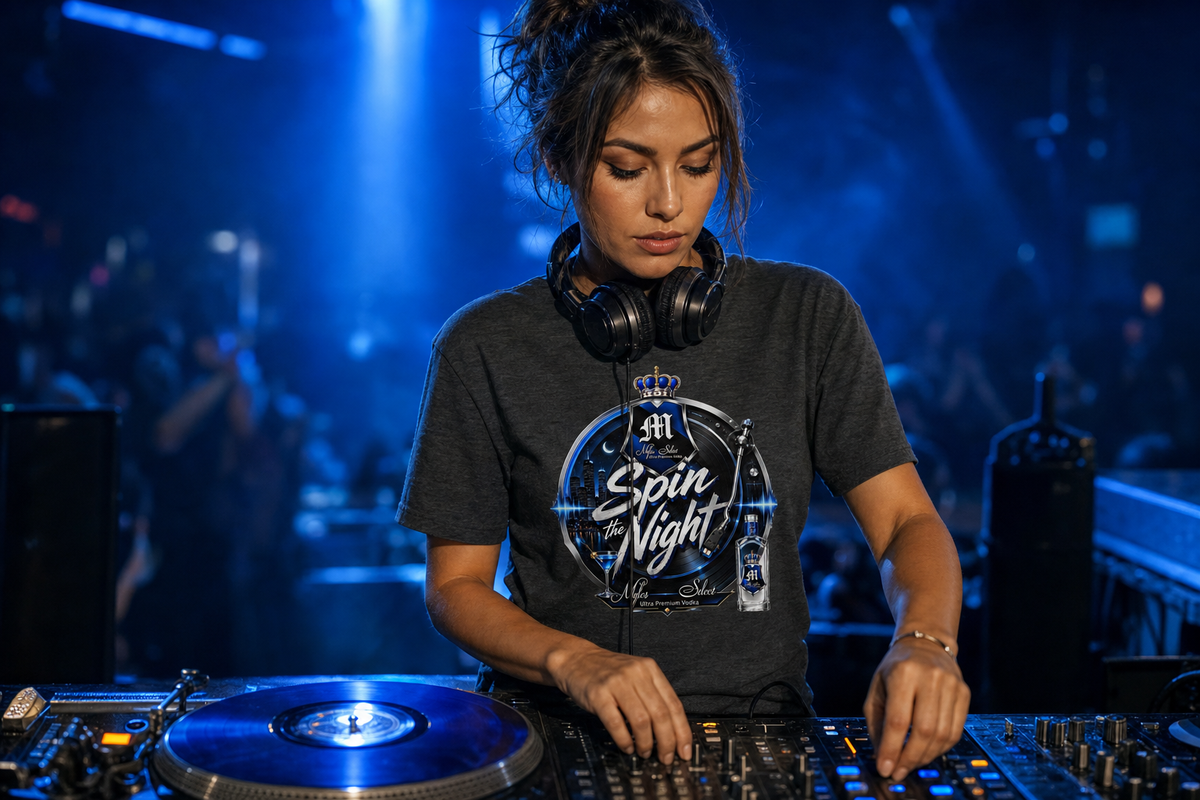 MSV Spin The Night tee lifestyle — model DJ with headphones and blue light