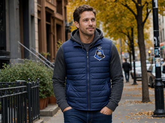 Myles Select puffer vest lifestyle — model in quilted vest in autumn city